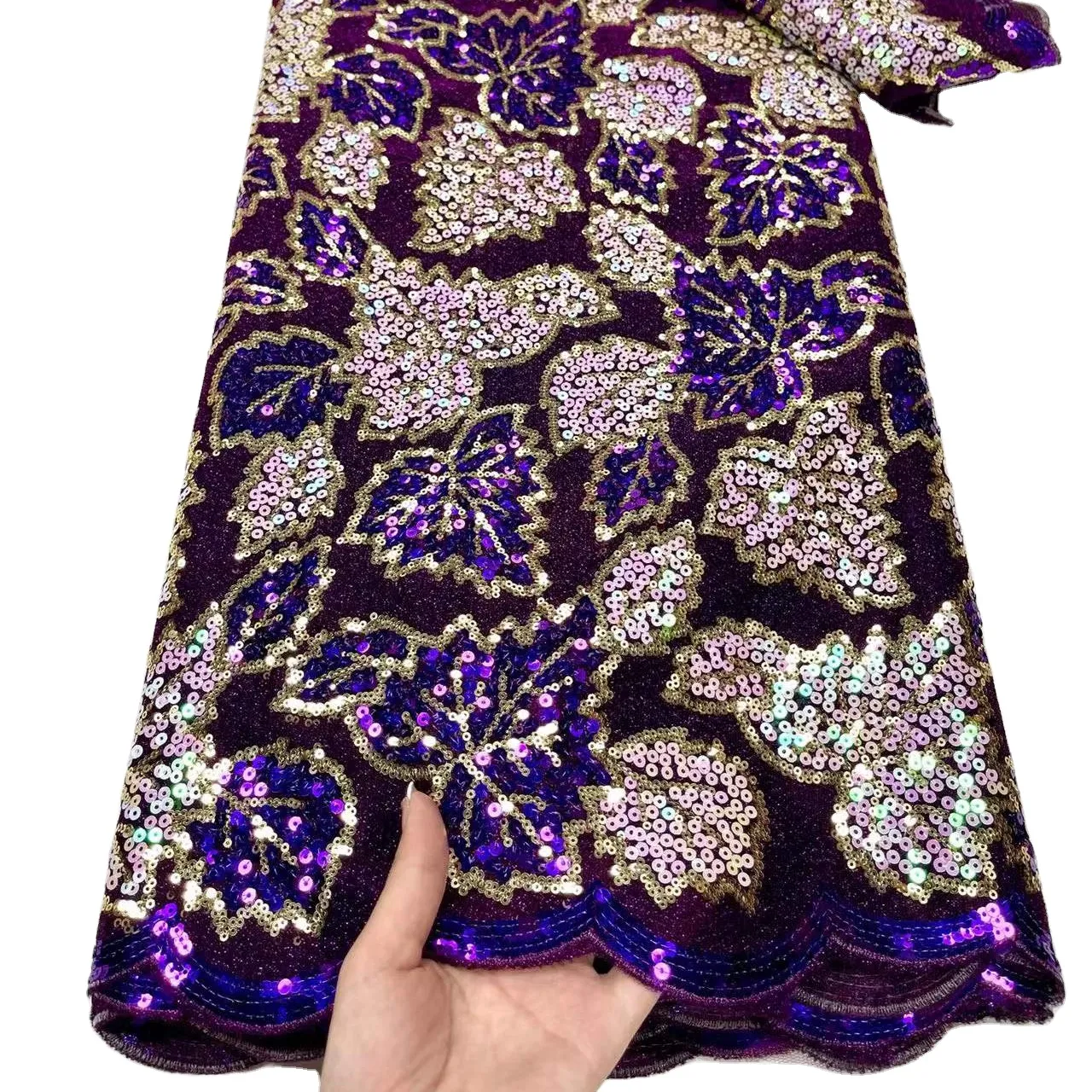 Tissu en dentelle de velours nigérian pour robe, avec motif de feuilles pailletées, tendance, pour Aso ebi, couleur violette, pour femmes