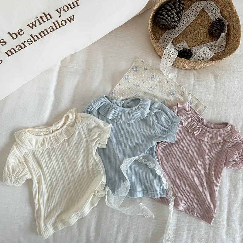 2024 diseño coreano niñas pequeñas puff manga tops niño infantil volantes camisa ropa de moda W222