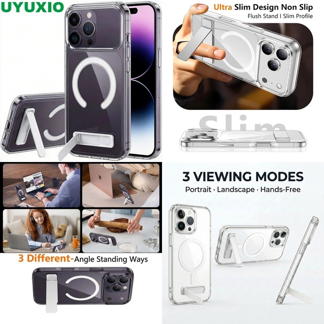 Shockproof Magnetic Kickstand Case for iPhone 13 12 11 Pro Max 17 16 15 14 12 Mini Clear Reinforced Holder Cover
