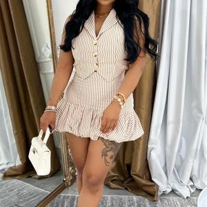 Nuevo Conjunto de Falda Corta de Verano para Mujer, sin Mangas, con Botones, Estampado a Rayas y Volantes, a la Moda - Product Image 3