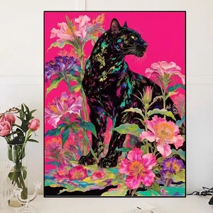 Kit de Pintura de Diamantes SONGWOO, <span class=keywords><strong>Pantera</strong></span> <span class=keywords><strong>Negra</strong></span> con Brillantina Colorida, Fondo Rosa Intenso, Diseño Floral Multicolor, Perforación Completa Redonda - Product Image 2