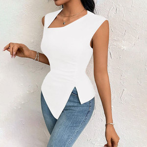 2025 transfrontaliera primavera estate t-shirt elegante da <span class=keywords><strong>donna</strong></span> con colletto obliquo europeo Slim corto di colore puro - Product Image 2