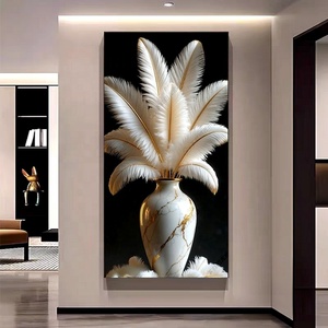Vase Moderne Neutre en <span class=keywords><strong>Verre</strong></span> avec Plumes, Décoration Murale pour la Maison, Œuvre d'Art de Nature Morte, <span class=keywords><strong>Peinture</strong></span> en Porcelaine Incrustée de Diamants et de Cristaux - Product Image 6