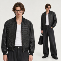Blouson Bomber en PU pour Homme avec Bordure en Corde Tressée, Fermeture Éclair, Col Montant Côtelé, Manteau d'Hiver Streetwear