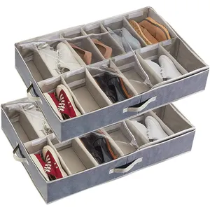 Non-woven Fabric Adjustable Dividers Cardboard Underbed 12 Grids Foldable Shoes Storage Box with Handle
