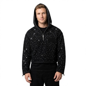 Sudadera con capucha de forro polar para hombre, negra con estampado de puntos brillantes, media cremallera, corte regular, estilo urbano, cálida, cortavientos, 100% algodón - Product Image 1