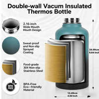 Bouteille isotherme à double paroi en acier inoxydable 304 de grande capacité (64 oz) pour l'extérieur, avec bec verseur anti-fuite et sans BPA