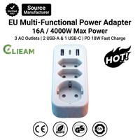 Clieam Grosir EU Power 3 Way Outlet 2 USB-A & 1 USB-C PD 18W 4000W Daya Maks Multi Plug Socket Adaptor Dinding CE GS RoHS