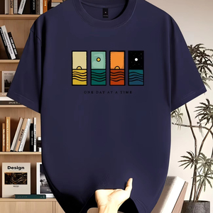 T-shirt pour homme à imprimé rétro lever et coucher du soleil, vêtement polyvalent à manches courtes, fabrication en usine, personnalisation disponible. F10 - Product Image 1