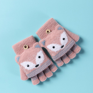 Enfants de Filles moitié doigt flip tricot cartoon chaud rosée doigt gants d'hiver de Garçon mignon renard motif gants pour 5-10 âge - Product Image 3