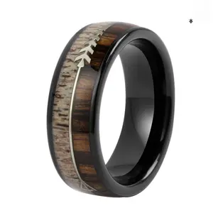 Anel Tungsten Deer Antler E Zebra Madeira Inlay Black Promise Caça Mens E Bandas De Casamento De Madeira