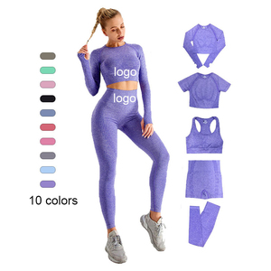 Fiess Tallas grandes Sujetador deportivo sin costuras Leggings Entrenamiento Yoga Set 2/3/5PCs Patrón sólido Crop Top Logo Crop Top Sujetador deportivo Leggings - Product Image 1