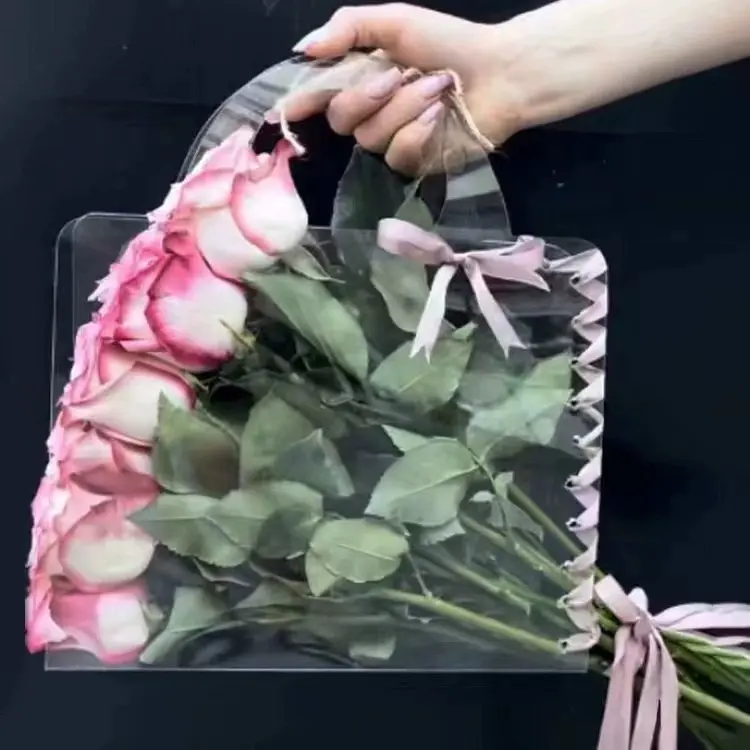 2023 Hochwertige klare Geschenk-Blumen tasche Transparente Valentinstag-Blumensträuße-Tasche mit Griff