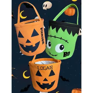 Custom Halloween Buckets Kids Trick Tote Ghost Pumpkin Traet Bag Embroidery Canvas Halloween Halloween Baskets