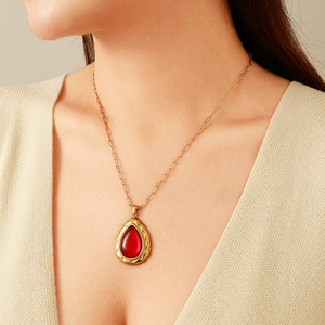 Stainless Steel Teardrop Pendant <b>Necklace</b> <b>Ruby</b> Inlay 18K Gold Plated Bohemian Style Adjustable Chain Fashion Jewelry - Product Image 2