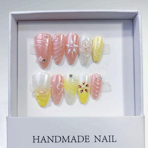 <span class=keywords><strong>Uñas</strong></span> Postizas 3D Hechas a Mano con Diseño de Flores, Color <span class=keywords><strong>Rosa</strong></span> <span class=keywords><strong>Pastel</strong></span> Almendrado <span class=keywords><strong>y</strong></span> <span class=keywords><strong>Amarillo</strong></span>, con Perlas <span class=keywords><strong>y</strong></span> Detalles en Espiral, <span class=keywords><strong>Uñas</strong></span> Reutilizables de Primavera para Mujer - Product Image 3