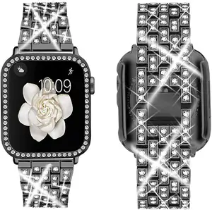 Untuk Apple Watch Band + Casing, Perhiasan Wanita Berlian Bling Tali Logam & Pak Pelindung Layar Bingkai Bumper untuk IWatch Seri 6