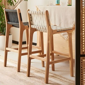 <span class=keywords><strong>Sgabello</strong></span> da Bar in Stile Scandinavo Nordico, <span class=keywords><strong>Seduta</strong></span> e Schienale in Pelle Intrecciata Bianca, Struttura in Legno Massello, <span class=keywords><strong>Sgabello</strong></span> Minimalista per Isola Cucina - Product Image 2