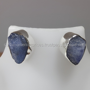 Raw Tanzanite 925 <b>Sterling</b> <b>Silver</b> <b>Stud</b> Earrings Minimalist Bezel Set Unisex Everyday Wear Jewelry - Product Image 4