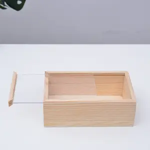 Boîte à bijoux décorative en bois de pin, coffret cadeau en bois avec couvercle en verre coulissant