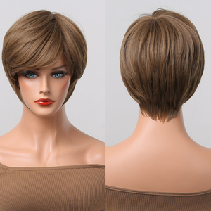 Marrón para Ombre Short Pixie Bob <span class=keywords><strong>Peluca</strong></span> sintética con capas naturales Flequillo Fibra de alta temperatura Hombres Mujeres Estilo Yaki Foto <span class=keywords><strong>real</strong></span> - Product Image 1