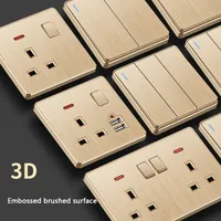 Prise de courant universelle dorée 3/5 broches en plastique, prise murale britannique, 6 prises, 10A/13A, double ports USB, 220V, interrupteur bidirectionnel, TV, ordinateur, CAT6