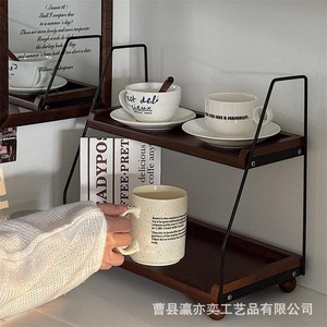 Retro Style Double Layer Wooden Storage <b>Rack</b> <b>For</b> Kitchen <b>Spice</b> <b>Jars</b> And Cosmetics Standing Type Durable Multipurpose Rectangle - Product Image 2