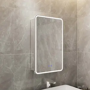 خزانة حمام بإطار من الألومنيوم مع مفتاح يعمل باللمس لوضع الأدوية في الحمام مزودة بمرآة وإضاءة ليد