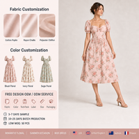 Vestido Midi Floral Rosa Vintage con Escote Corazón, Mangas Abullonadas y Lazo Delantero, Vestido de Verano Fluido, Color OEM ODM para Mujer, Vestido de Vacaciones
