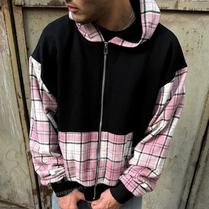 Felpe con Zip in Cotone 100% French Terry con Patchwork a Quadri e Blocchi di Colore Personalizzate per <span class=keywords><strong>Uomo</strong></span> di Helobro Clothing Manufacturers - Product Image 2