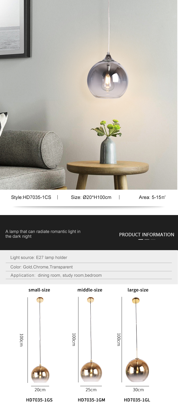 New Design Indoor Decoration Bedroom Dining Room Round E27 Modern Glass Pendant Lamp