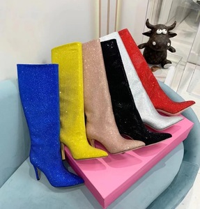 Bottes pour femmes à talon aiguille, confortables, en strass de cristal de grande taille, hauteur genou - Product Image 5