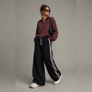 Burgundy <b>White</b> Striped <b>Long</b> <b>Sleeve</b> Polo <b>Shirt</b> Knitted Button Collar Sporty Top - Product Image 1