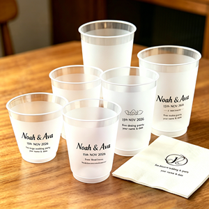 Vaso de Plástico Desechable de Alta Calidad de 350 ml y 500 ml con Tapas y Servilletas Personalizadas, Resistente, para Bodas, con Monograma, para Comer y Beber - Product Image 1