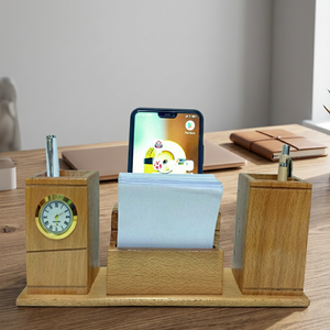 Bamboo <b>Desk</b> Organizer With Clock <b>Phone</b> Stand And Pen <b>Holder</b> Multifunction Office Gift Simple Style - Product Image 2