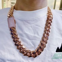 Chaîne cubaine unisexe en or rose 14 carats, 10mm-25mm, zircon de haute qualité, style Miami, bling, streetwear, vente chaude