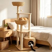 PAIPET Arbre à chat en osier sur mesure, multi-niveaux, sur pied, avec base en bois, style mignon, gamelle en acrylique, poteaux en sisal et panier en osier