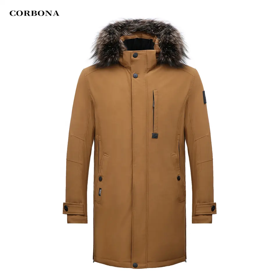 CORBONA-Veste d'hiver pour homme, veste noire coupe-vent en fourrure véritable, parka en coton décontractée jaune foncé détachable à capuche, nouveauté