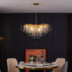 Lustres ovales LED de luxe en cristal pour longue table à manger, luminaires suspendus modernes en forme de branche d'arbre et de goutte de pluie en cristal doré - Product Image 2