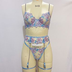 New Design Luxury Floral Embroidered <b>Bra</b> Set Metal Chain Strap Sexy Lingerie Set Transparent Lace Sexy Lingerie Set - Product Image 6