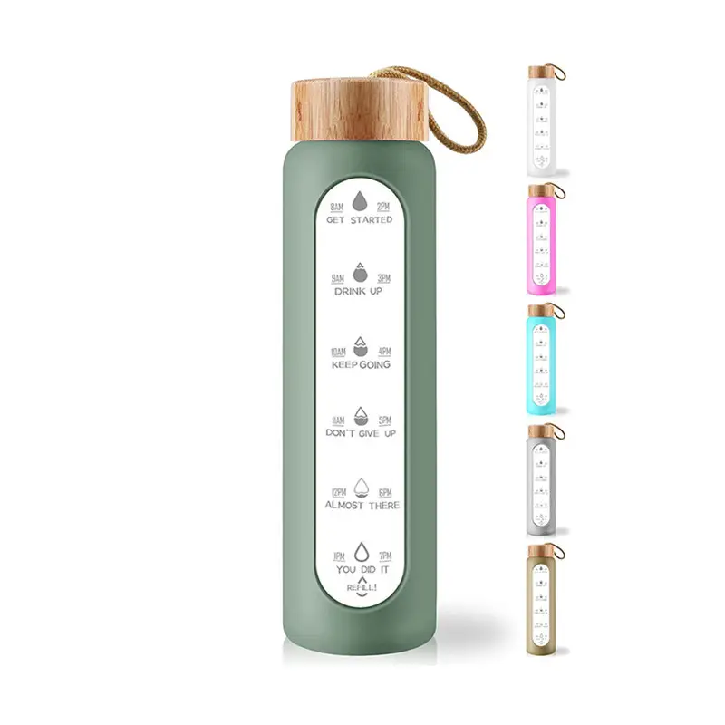 Wasserflasche Customized Colorful 1L Time Marker Measurements Leak Proof Reusable Glass Water Bottle with Silicone Sleeve Gym