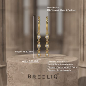 14k White Gold Marquise Diamond <b>Drop</b> Hoop Earrings Elegant Three Stone Triple Marquise Cut Dangle - Product Image 5