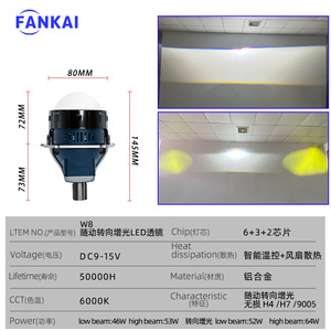 ไฟหน้า LED FANKAI 3.0 นิ้ว รุ่น W8 D2S 65W 30000Lm 6000K สำหรับติดตั้งเพิ่มเติม อัพเกรด ใช้ได้กับรถยนต์ทั่วไป - Product Image 5
