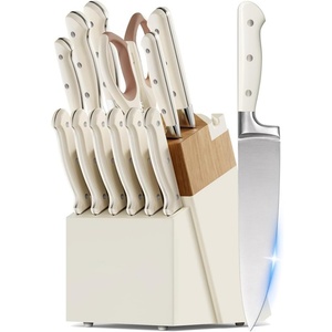 Juego de Cuchillos de Cocina Premium de 14 Piezas de Acero Inoxidable, Afilador Antideslizante, Elegante Juego de Cuchillos de Cocina Color Blanco Crema con Bloque - Product Image 1