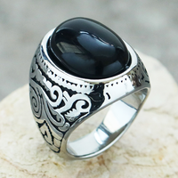 Bague vintage en acier inoxydable incrustée d'agate noire et de turquoise avec sertissage à griffes, pierres de laboratoire, bijoux pour homme