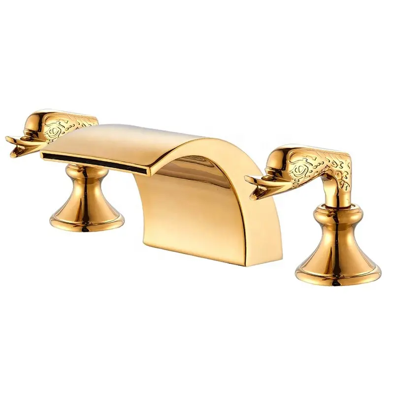 Golden Polished Brass 3 Pcs Bad Wasserhahn Weit verbreitet Dual Swan Griff Wasch mischer Wasserhahn Wasserfall Wasserhahn Gold