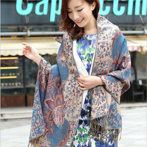 <strong>Pashmina</strong> Silk <strong>Scarf</strong> Shawl Wrap <strong>Paisley</strong> Jacquard Flowers Borders Rave 2 Layers Reversible Classic Tassels for Women 70X180cm 200g - Product Image 2