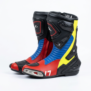 Botas de moto de carreras de media caña de cuero genuino con colores mixtos y cierre de cremallera para hombre y mujer - Product Image 2
