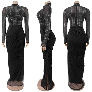 CX7793 Mock Neck Rhinestone Mesh <strong>Long</strong> <strong>Sleeve</strong> Evening Gown Draped Ruched <strong>Bodycon</strong> Maxi <strong>Dress</strong> Dubai Arabic Party Formal <strong>Dress</strong> - Product Image 2