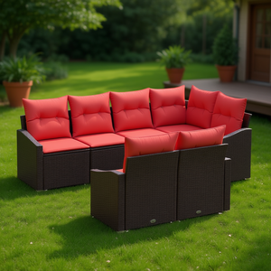 Ensemble de jardin en polyrotin 7 pièces, canapé d'extérieur marron avec coussins, design contemporain pour l'extérieur, capacité 6 personnes - Product Image 2